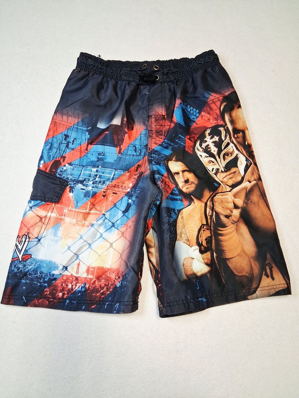 WWE Men’s Black, Blue and Red Wrestling Graphic Swim Board Shorts